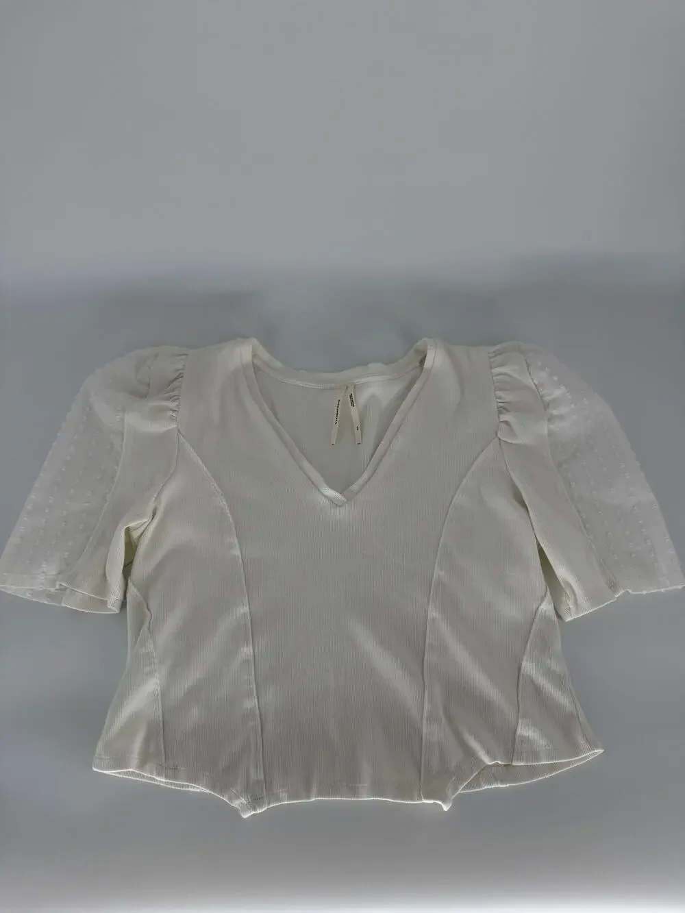 Anthropologie Womens XLP Ivory Rib Knit Puff Sleeve V Neck Swiss Dot Top Blouse